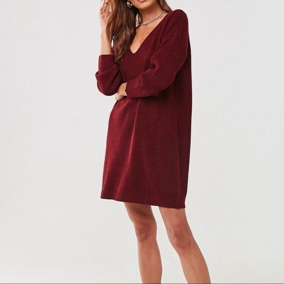 NEW-VINE & Love Back Cutout  Burgundy Ribbed Knit Sweater Mini Dress Size Large - Picture 6 of 9